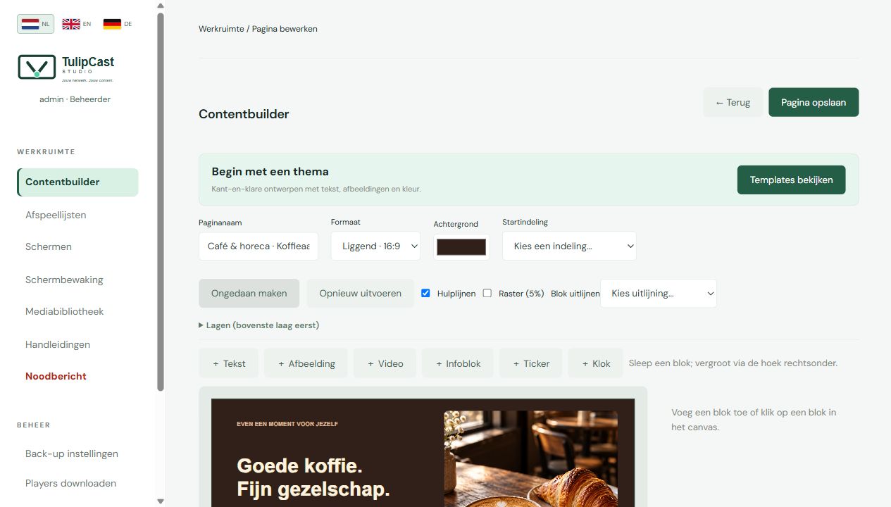 Echter Contentbuilder mit Arbeitsfläche, Infoblöcken und anpassbarer Textformatierung