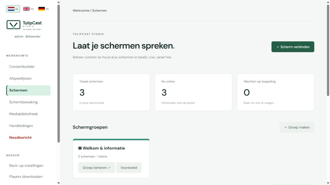 Echte Produktansicht des TulipCast-Studio-Dashboards