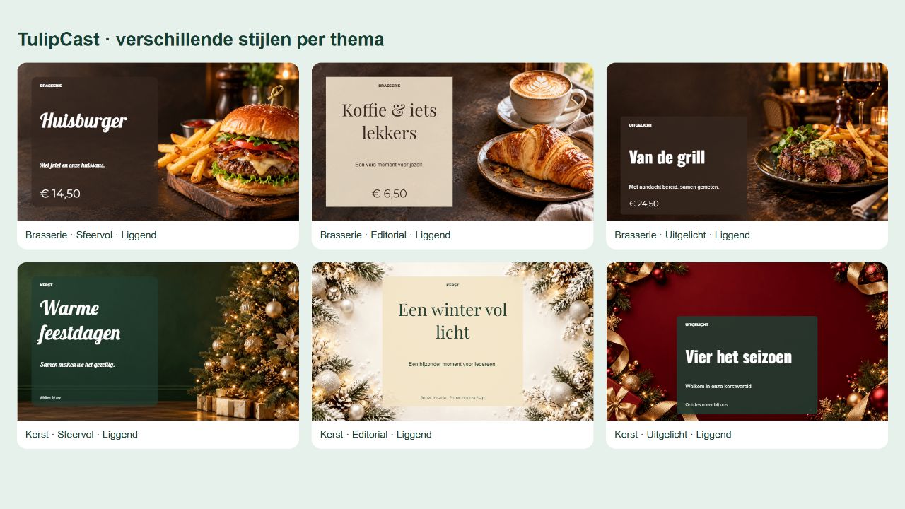 Sechs Beispiele mit unterschiedlichen Stilen für Brasserie und Weihnachten